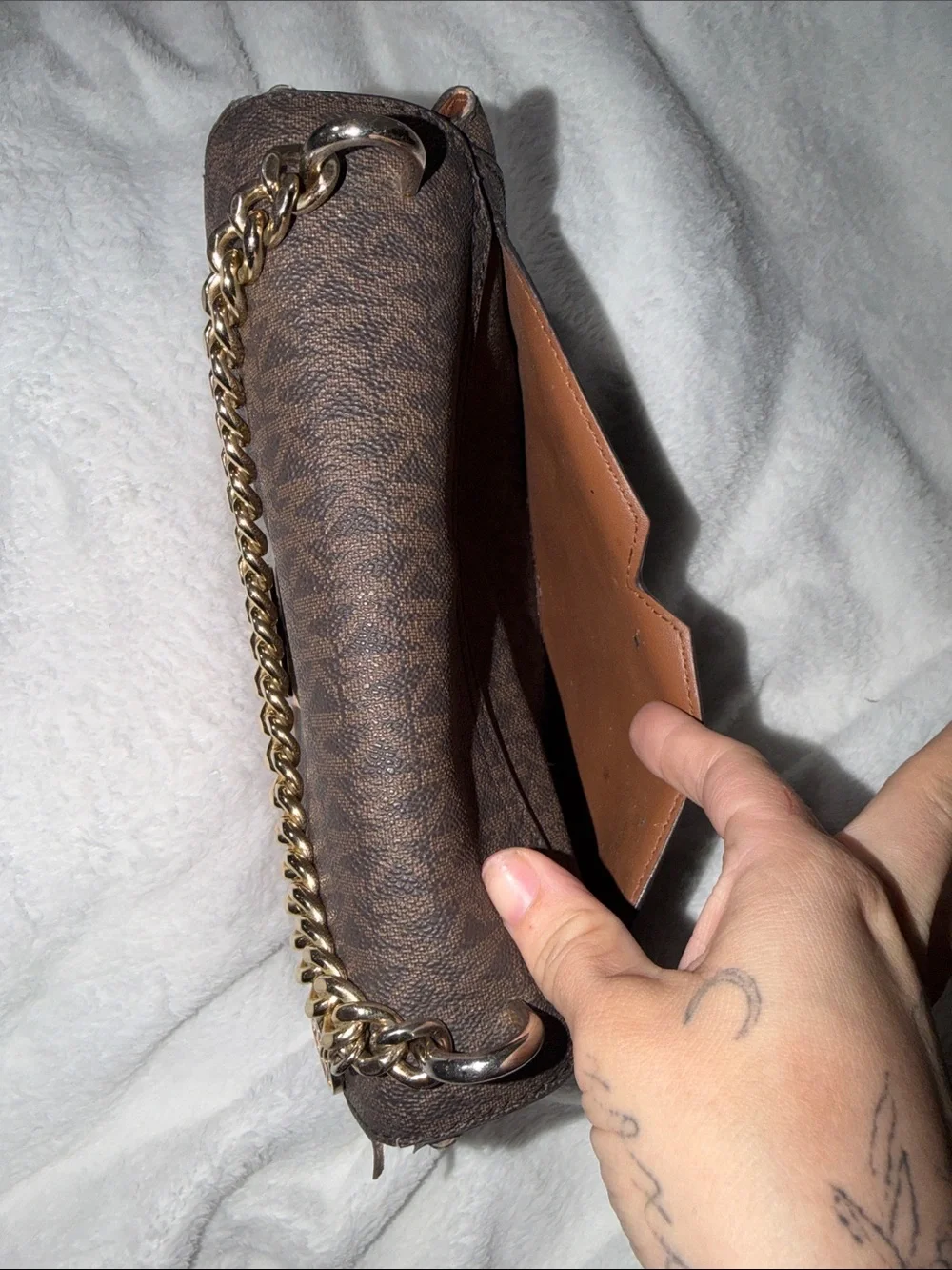 Michael Kors Brown Monogram Shoulder Bag with Tan Front Accent and Gold Chain